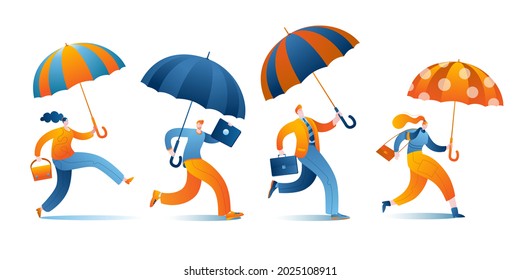 Characters with umbrellas and bags are having fun. A set of vector isolated illustrations in a flat style on the theme of autumn and going to work.