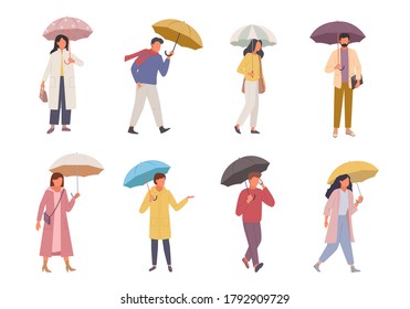 Characters with umbrellas set. People walk in rainy weather parasol different colors man to work with smartphone woman rushes to store with bag good protection bad climate. Vector cartoon style.