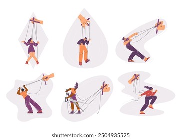 Characters under the influence of the puppeteer. The vector set depicts the struggle for autonomy versus submission as the figures break free or are controlled. Flat style, isolated background.