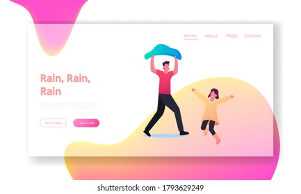 Characters under Rain Landing Page Template. Man Cover Head with Bag Running at Home, Happy Child in Cloak and Boots Jumping on Puddle in Wet Rainy Day, Outdoor Fun. Cartoon People Vector Illustration