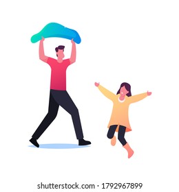 Characters under Rain, Sad Man Cover Head with Plastic Bag Running at Home, Happy Child in Cloak and Rubber Boots Jumping on Puddles in Wet Rainy Day, Outdoor Fun. Cartoon People Vector Illustration