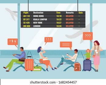 Characters under stress woman, man with bagage sitting and waiting for delayed flight. Waiting room at international and domestic airport. Flights schedule table. Cartoon style. Vector illustration.