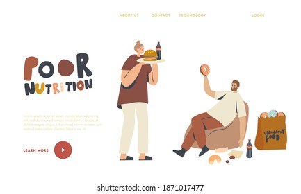 Characters Unhealthy Eating Landing Page Template. Fat Man Sit on Couch at Home with Plenty of Fast Food Contain Carbohydrates and Oils, Fastfood Addiction, Obesity. Linear People Vector Illustration