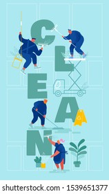 Characters in Uniform with Clean Equipment Working. Professional Cleaners Service Concept. Workers Mopping Sweeping Floor Rubbing Window Poster Banner, Flyer, Brochure Cartoon Flat Vector Illustration