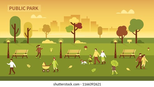 
Characters in urban park. Flat style vector illustration isolated on white background.