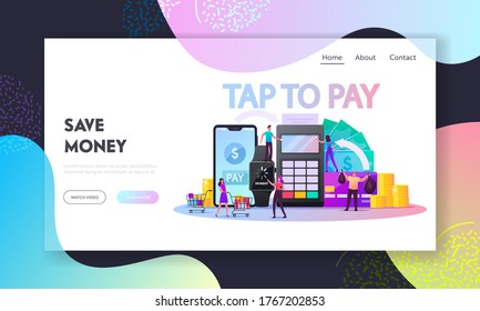 Characters Use Contactless Payment Landing Page Template. Buyers Hold Credit Cards for Paying with Smartphone or Smart Watch. People with Pos Terminal for Cashless Paying. Cartoon Vector Illustration