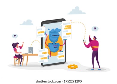 Los caracteres utilizan gadgets para la comunicación de Chatbot. Ai Robot Ayuda Soporte Faq Del Cliente, Consulta En Línea. Innovación, Inteligencia Artificial. La Gente Utiliza El Servicio De Chat Bot. Ilustración del vector de dibujos animados