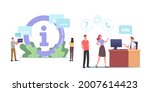 Characters Use Info Desk Service. People Need Information Ask Manager in Bank, Supermarket, Airport or Shopping Center. Visitors Ask Question, Need Help and Assistance. Cartoon Vector Illustration