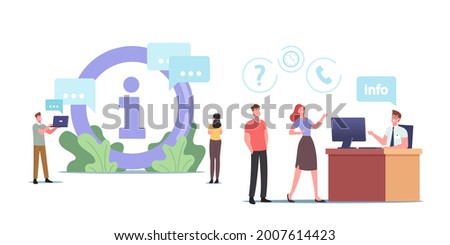 Characters Use Info Desk Service. People Need Information Ask Manager in Bank, Supermarket, Airport or Shopping Center. Visitors Ask Question, Need Help and Assistance. Cartoon Vector Illustration