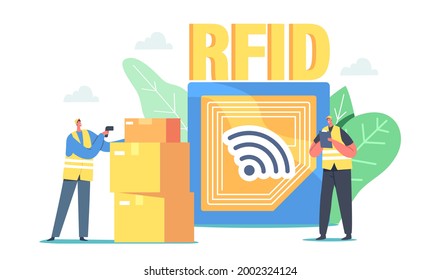 Characters Use Modern Barcode Scanner Read Box on Storage. Contemporary Rfid Business Technology for Warehouse with Radio Waves. Electronic Device for Shipping. Cartoon People Vector Illustration