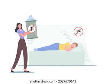 Characters Use Net And Anti Mosquito Protection At Summer. Family Couple Fighting With Insects At Night Time. Toxic Pest Control Remedy Against Malaria Insects. Cartoon People Vector Illustration