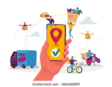 Characters Use Online Food Delivery Service. Hand with Smartphone and App for Ordering and Delivering Parcels to Consumers. Technology Express Shipping of Goods. Cartoon People Vector Illustration