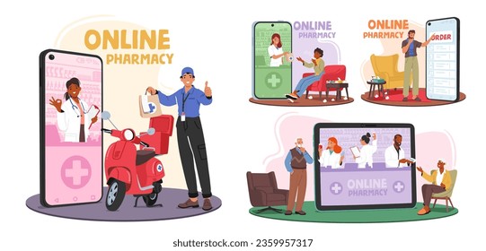 Characters Use Online Pharmacy Services, Offering A Wide Range Of Medications And Healthcare Products, Providing Easy Prescription Refills And Delivery Services. Cartoon People Vector Illustration