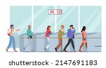Characters Use Public Transport, Subway Pass Concept. People Going Through Turnstile Entrance, Male and Female Passengers Scan Train Tickets at Automatic Gate in Metro. Cartoon Vector Illustration