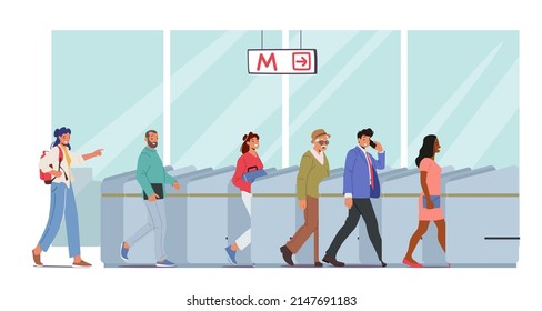 Characters Use Public Transport, Subway Pass Concept. People Going Through Turnstile Entrance, Male and Female Passengers Scan Train Tickets at Automatic Gate in Metro. Cartoon Vector Illustration