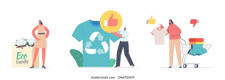 Characters Use Recyclable and Eco Friendly Textile. Sustainable Fashion, Manufacturing Brand, Green Technologies, Ethical Clothing Production Selling Concept. Cartoon People Vector Illustration