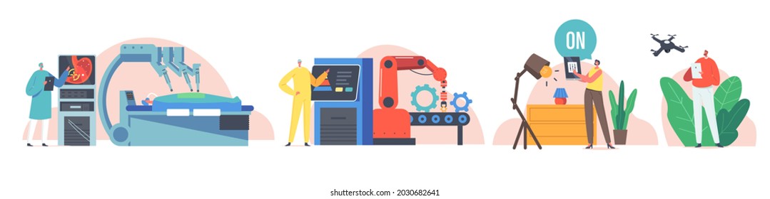 Los Caracteres Utilizan El Concepto De Control Remoto. El médico realiza el funcionamiento del paciente con los brazos de robot médico, automatización de fábrica, control de brillo de la lámpara a distancia, hombre con drones. Ilustración de vectores de personas de caricatura