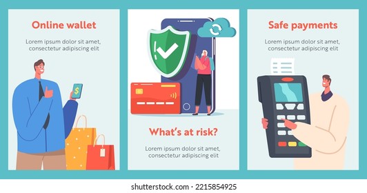 Characters Use Safe Contactless Payment Cartoon Banners. Buyers Hold Credit Cards for Paying with Smartphone. People Making Secure Purchases Online, Pos Terminal, Cashless Paying. Vector Posters