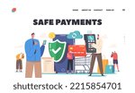 Characters Use Safe Payment Landing Page Template. Buyers Hold Credit Cards for Paying with Smartphone. People Make Secure Purchases Online, Pos Terminal, Cashless Paying. Cartoon Vector Illustration