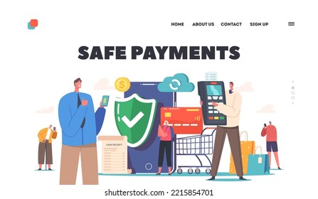 Characters Use Safe Payment Landing Page Template. Buyers Hold Credit Cards for Paying with Smartphone. People Make Secure Purchases Online, Pos Terminal, Cashless Paying. Cartoon Vector Illustration