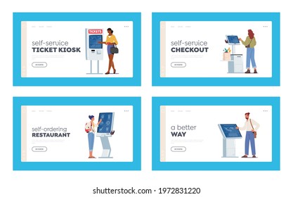 Characters Use Self Ordering Service Landing Page Template Set. People Using Info Kiosk, Order Food In Restaurant, Withdraw Money Via ATM And Buying Digital Tickets. Cartoon Vector Illustration