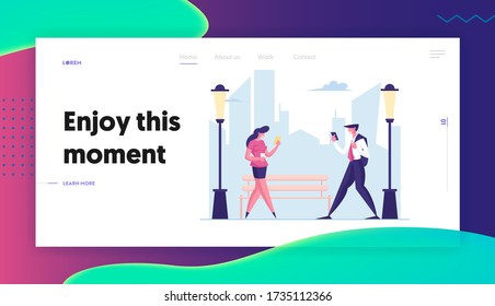 Characters Use Smart Technology Landing Page Template. Business People Use Mobile Phones while Walking at Work on City Street. Drinking Coffee, Reading Social Media News. Cartoon Vector Illustration
