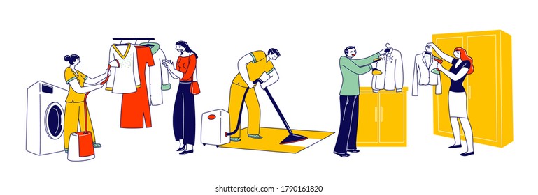 Characters Use Steamer Iron for Clothes Care and Cleaning. Laundry Staff Steam off Garment on Hanger, Man Clean Rag in Hotel, People Steaming Apparel, Household Chores. Linear Vector Illustration