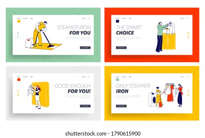 Characters Use Steamer Iron for Clothes Landing Page Template Set. Laundry Staff Steam Garment on Hanger, Man Clean Rag in Hotel, People Steaming Apparel, Household Chores. Linear Vector Illustration