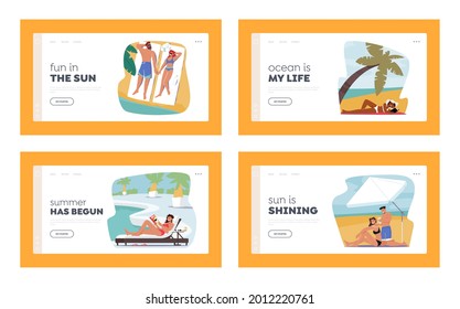 Los Caracteres Utilizan Sun Protection en Beach Landing Page Template Set. Tanning masculino en complejo tropical con crema de pantalla solar. Vacaciones en verano, descanso. Ilustración de vectores de personas de caricatura