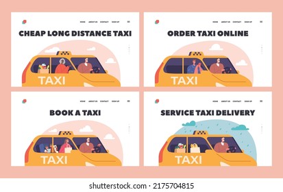 Characters Use Taxi Service Landing Page Template Set. Customers and Driver in Cab Side Window View. Family with Children, Old Lady and Young Man in Automobile. Cartoon People Vector Illustration