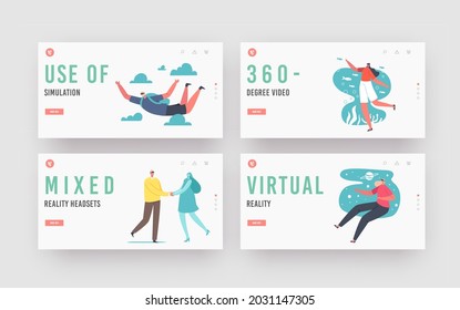 Los caracteres utilizan lentes Vr para el conjunto de plantillas de la página de inicio de experiencia de realidad aumentada y virtual. Hombres y Mujeres en Goggles Conducción, Paracaidismo, Espacio, Viajes Oceánicos. Ilustración de vectores de personas de caricatura
