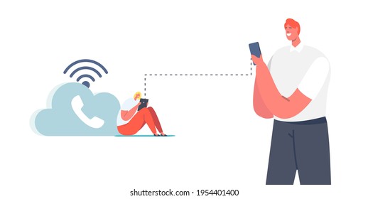 Characters Use Wifi Wireless Telephony Connection. VOIP, Voice over IP Technology Concept. Telecommunication System, Telephone Communication via Cloud or Network. Cartoon People Vector Illustration