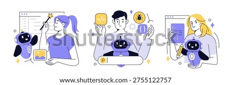 Characters using ai services for vibe coding, no code development, programming, debugging. Artificial intelligence assisted business. Vector doodle illustration.