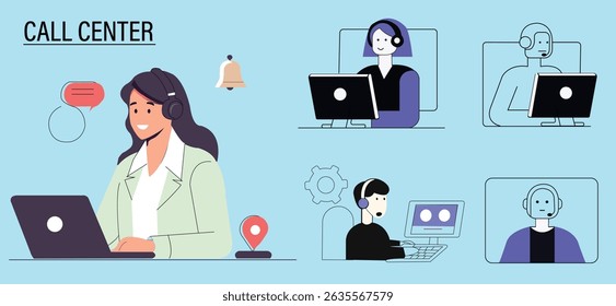 Characters using artificial intelligence generative tools for communication, set of Helpdesk, hotline, customer support service, call center concept