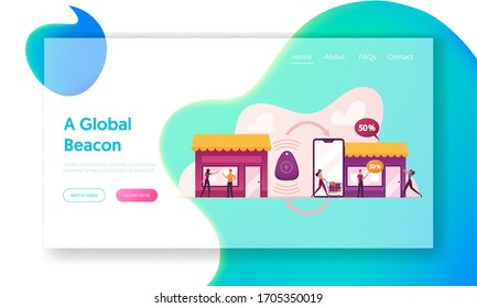 Characters Using Beacon Technology for Shopping Landing Page Template. Internet of Things, Communication Network, Exchange and Share Information Wireless Connection, Iot. Cartoon Vector Illustration