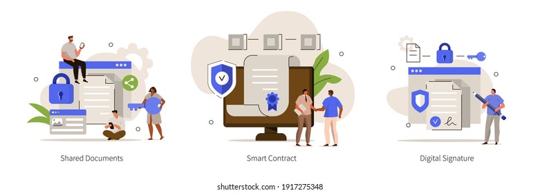 Characters using Cyber Security Services to Share Documents, Contracts and Protect Personal Data. Shared Document, Smart Contract and Cloud Shared Documents Concept. Flat Cartoon Vector Illustration. 