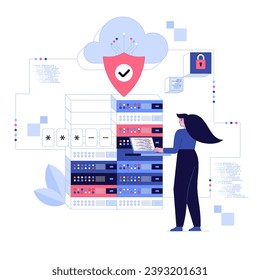 Characters using Cyber Security Services to Protect Personal Data. Database security, phishing, hacker attack concept. Hackers stealing personal data. Flat design illustration vector