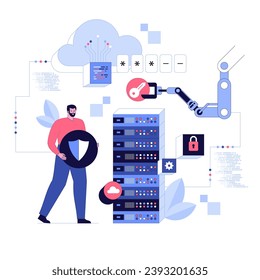 Characters using Cyber Security Services to Protect Personal Data. Database security, phishing, hacker attack concept. Hackers stealing personal data. Flat design illustration vector
