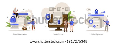 Characters using Cyber Security Services to Share Documents, Contracts and Protect Personal Data. Shared Document, Smart Contract and Cloud Shared Documents Concept. Flat Cartoon Vector Illustration. 