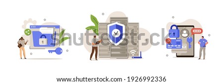 Characters using Cyber Security Services to Protect Personal Data. Online Payment Security, Cloud Shared Documents, Server Security and Data Protection Concept. Flat Cartoon Vector Illustration.