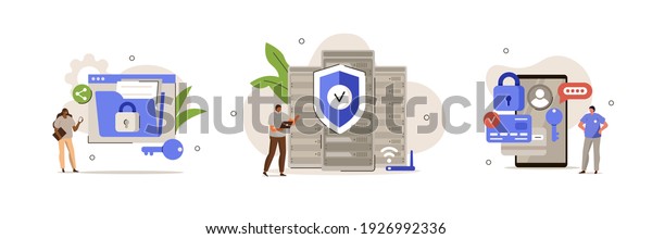 Characters using Cyber Security Services to\
Protect Personal Data. Online Payment Security, Cloud Shared\
Documents, Server Security and Data Protection Concept. Flat\
Cartoon Vector\
Illustration.