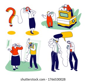 Characters Using Deaf Phone. Adults, Seniors and Kids Speaking by Can Phones Made of Tin Jars and String or Rope. Retro Communication System, Funny Toy for Children. Linear People Vector Illustration