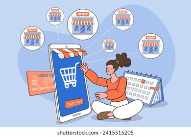 Characters Using Geolocation Positioning Concept. Find the right grocery store in the big city. people use online shopping services. Smartphone marketing and e-commerce. delivery service concept.