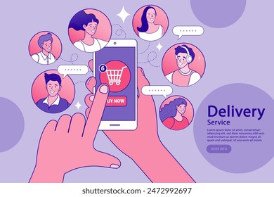 Characters Using Geolocation Positioning Concept. Find the right grocery store in the big city. people use online shopping services. Smartphone marketing and e-commerce. delivery service concept.