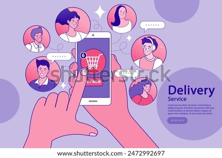 Characters Using Geolocation Positioning Concept. Find the right grocery store in the big city. people use online shopping services. Smartphone marketing and e-commerce. delivery service concept.