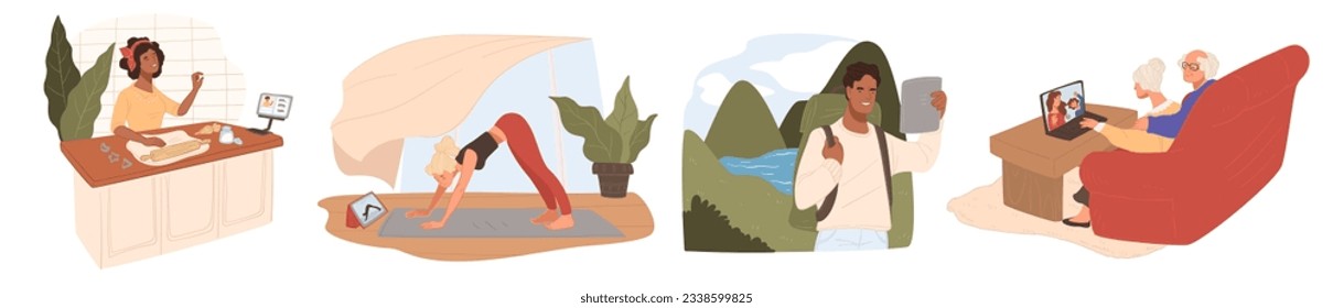 Characters using laptops and smartphones for communication, work and hobby. Senior people talking to relatives, person traveling and staying updated, doing yoga and cooking. Vector in flat style