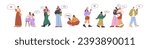 Characters using mobile phones set. People holding smartphones in hands, texting, messaging on the go. Men, women, kids use cellphones. Flat graphic vector illustrations isolated on white background