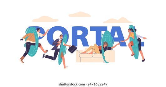 Characters Using Portals For Creative And Dynamic Communication, Showcasing Connection And Teamwork Vector Poster