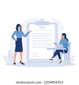 Characters using tax calendar to filling tax declaration form online and with financial advisor. Taxation planning concept, flat vector modern illustration