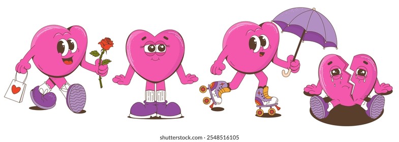 Characters for Valentine's day in the form of a heart in a fashionable groove style. Cartoon hearts for the design of postcards for lovers. Vector illustration